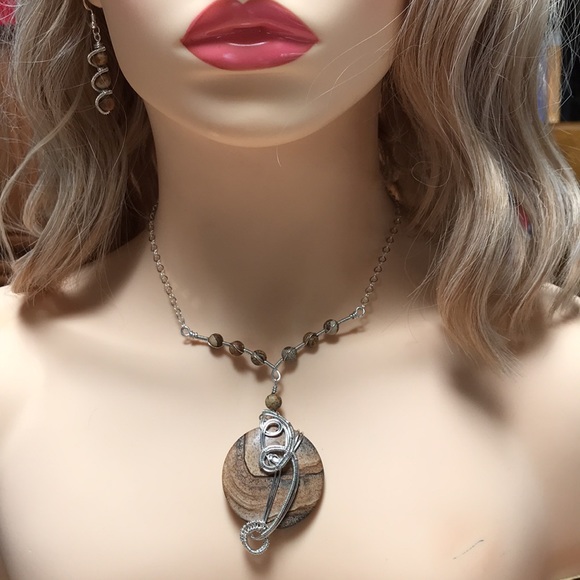 Jewelry Set- Picture Jasper Sterling Silver Necklace and Earring Set- Statement - Picture 4 of 11